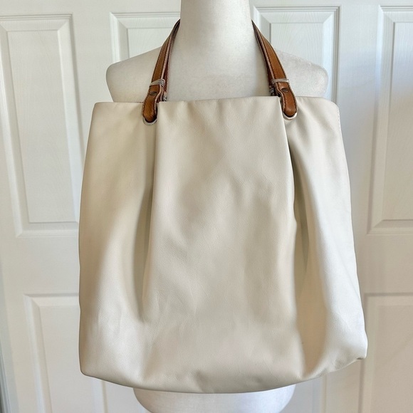 Vintage Handmade Off-white Ivory Leather Boho Tote Bag - Picture 1 of 7